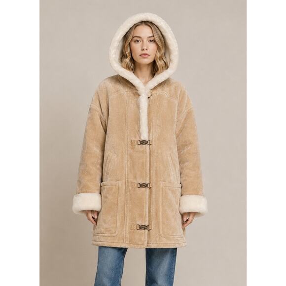 Gallery Jackets & Blazers - Gallery Beige Shearling Hooded Coat Faux Fur Trim Y2K Winter Jacket